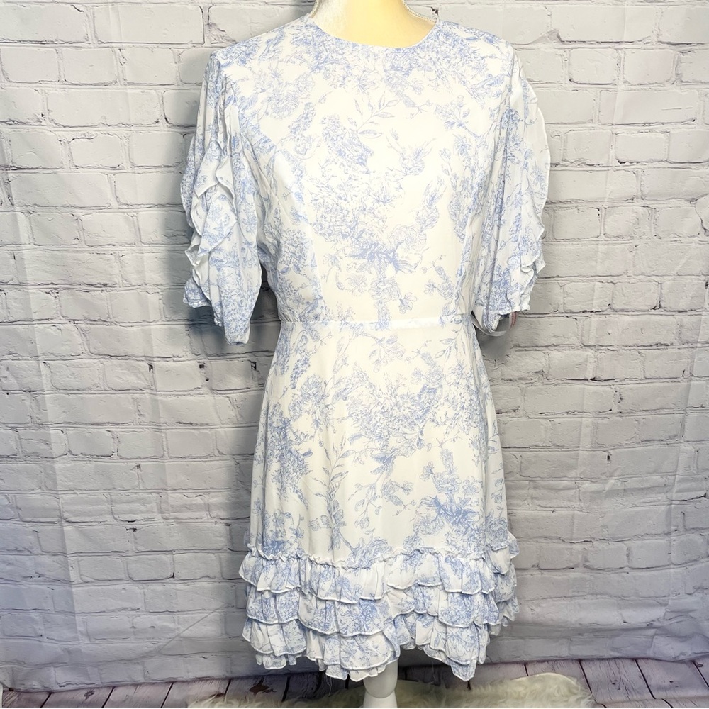 NWT White & Blue Toile Open Back Frill Hem Short Sleeved Dress